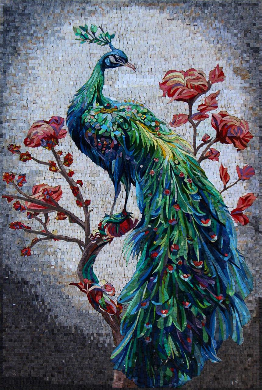 50"x32" Peacock on Tree Mosaic Wall Art –Vibrant Bird Design, Nature-Inspired Home Decor, Customization available