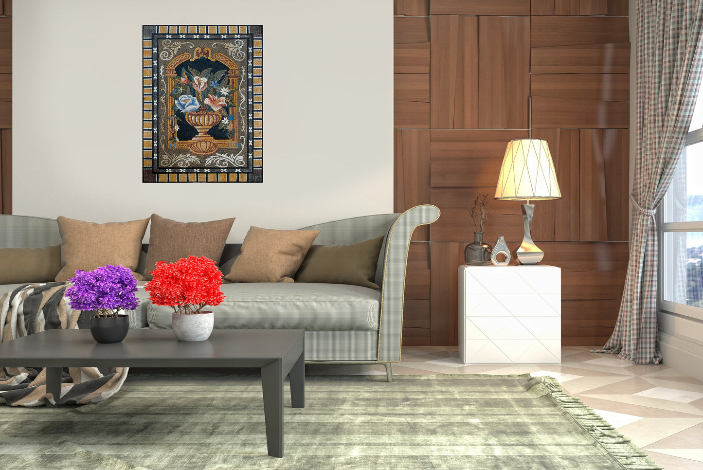 Handmade Marble Mosaic Wall Art: Flower Vase Home Decor (44” x 32”)