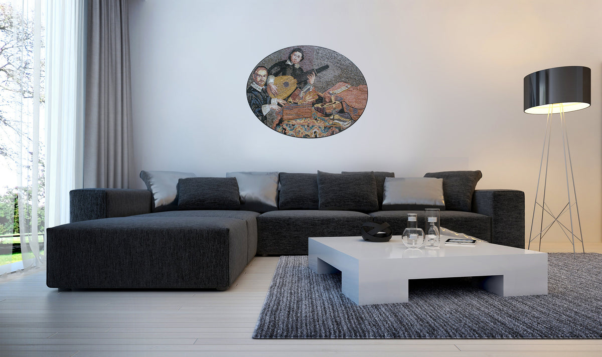 Handmade Marble Mosaic Mural: Two Musicians Playing Music