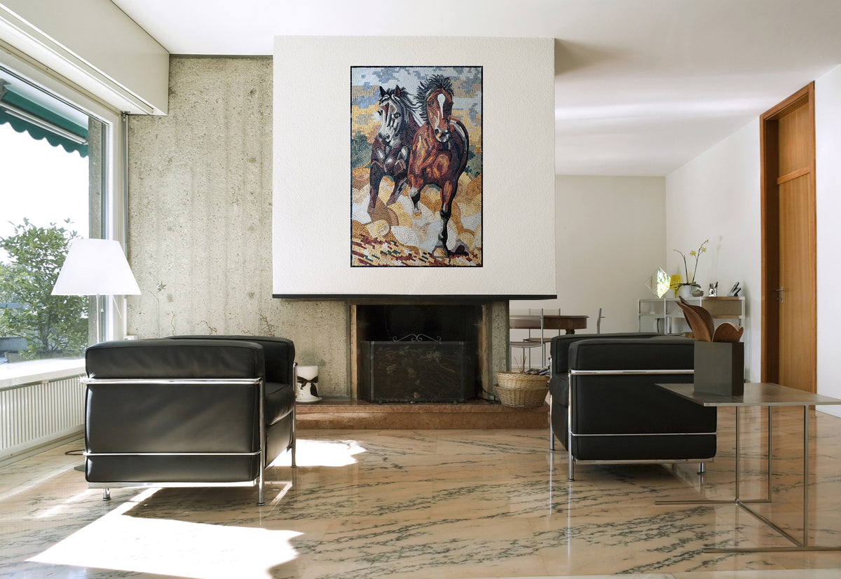 Handmade Horse Mosaic Tile Art: Galloping Horses, Rustic Wall Decor (48" x 32")