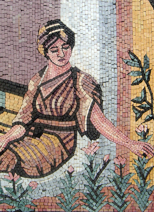 Handmade Italian Mosaic Tile: Woman with Roses, Elegant Wall Art (40” x 30")