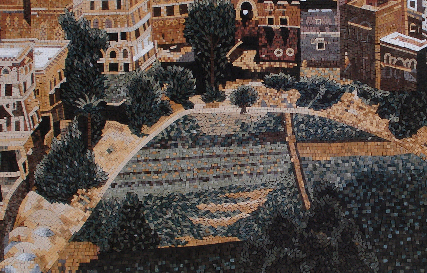 Handmade Yemen Mosaic Mural: Old City Traveler Artwork, Marble & Stone