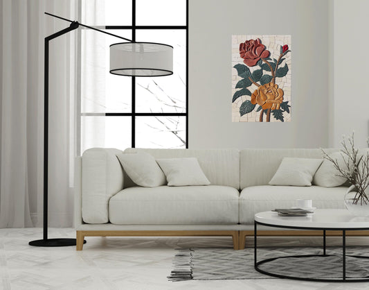 14"x20" Red & Gold Roses Mosaic – Handmade Embossed Marble Tile Wall Art, Customization available