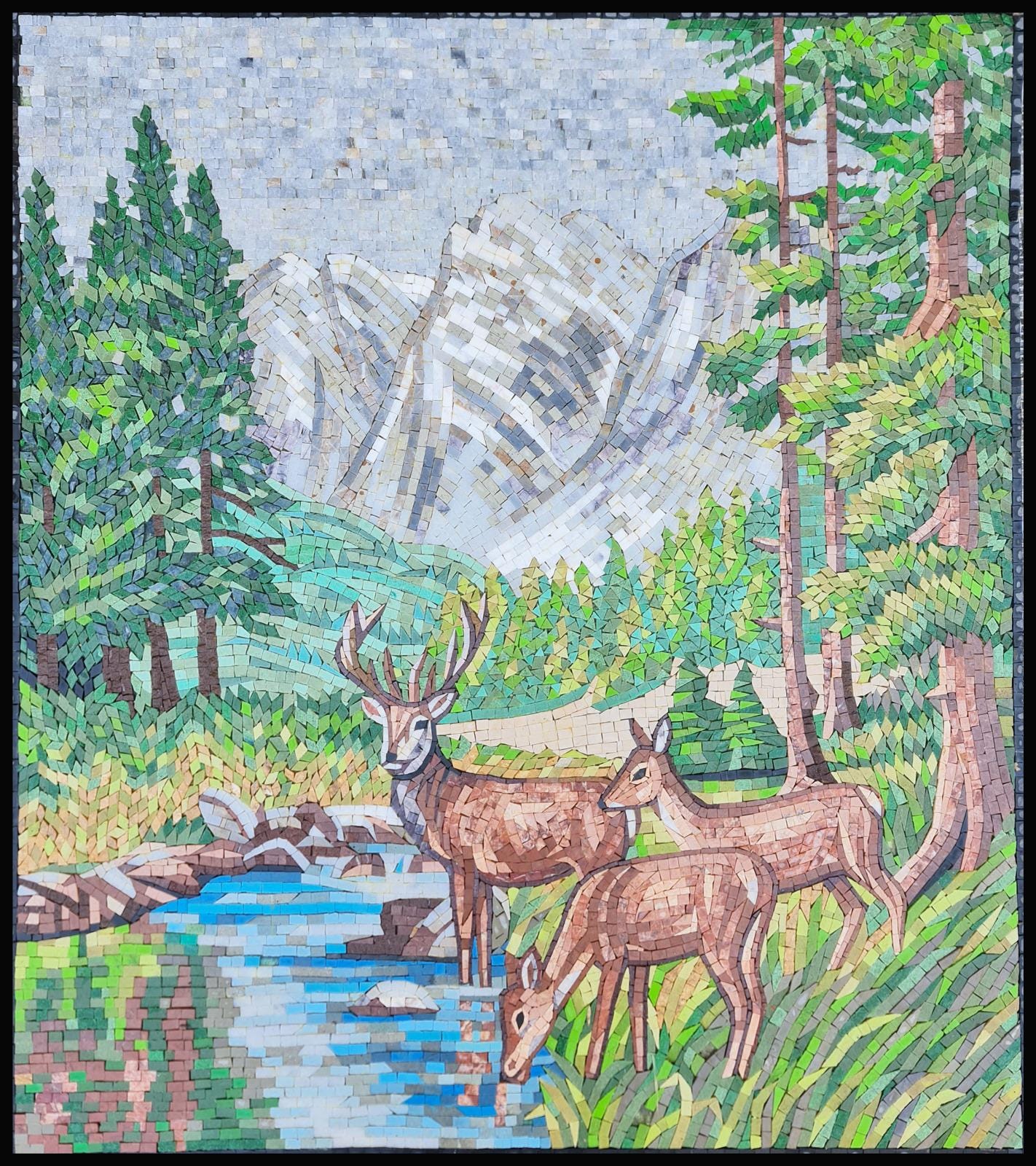 36″×32″ Deer Drinking Water Mosaic – Handmade Marble Wall Art, Rustic Wildlife Accent, Customization available