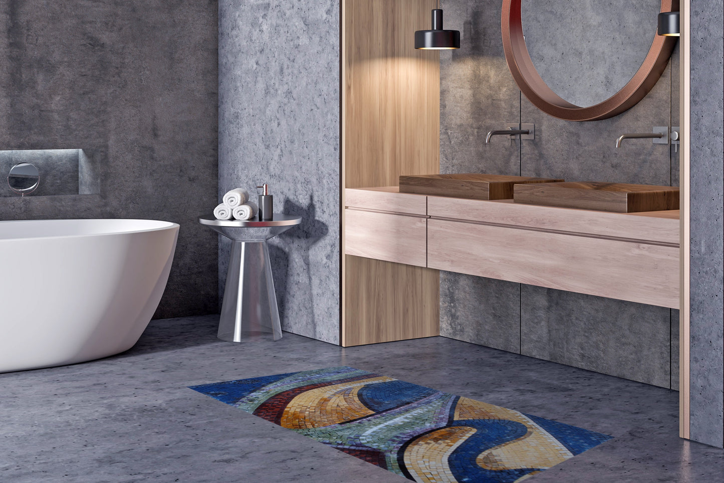 Abstract Mosaic Tile: Colorful Medallion, Handmade Marble Stone (48” x 24”)