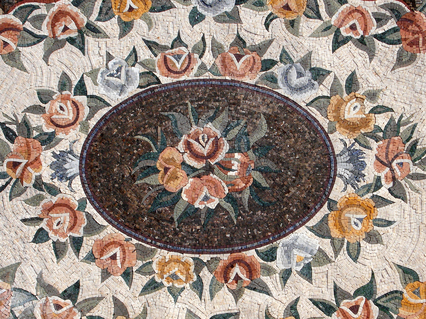 Handmade Marble Mosaic Rug: Rose Flower Design, Stone Art Decor