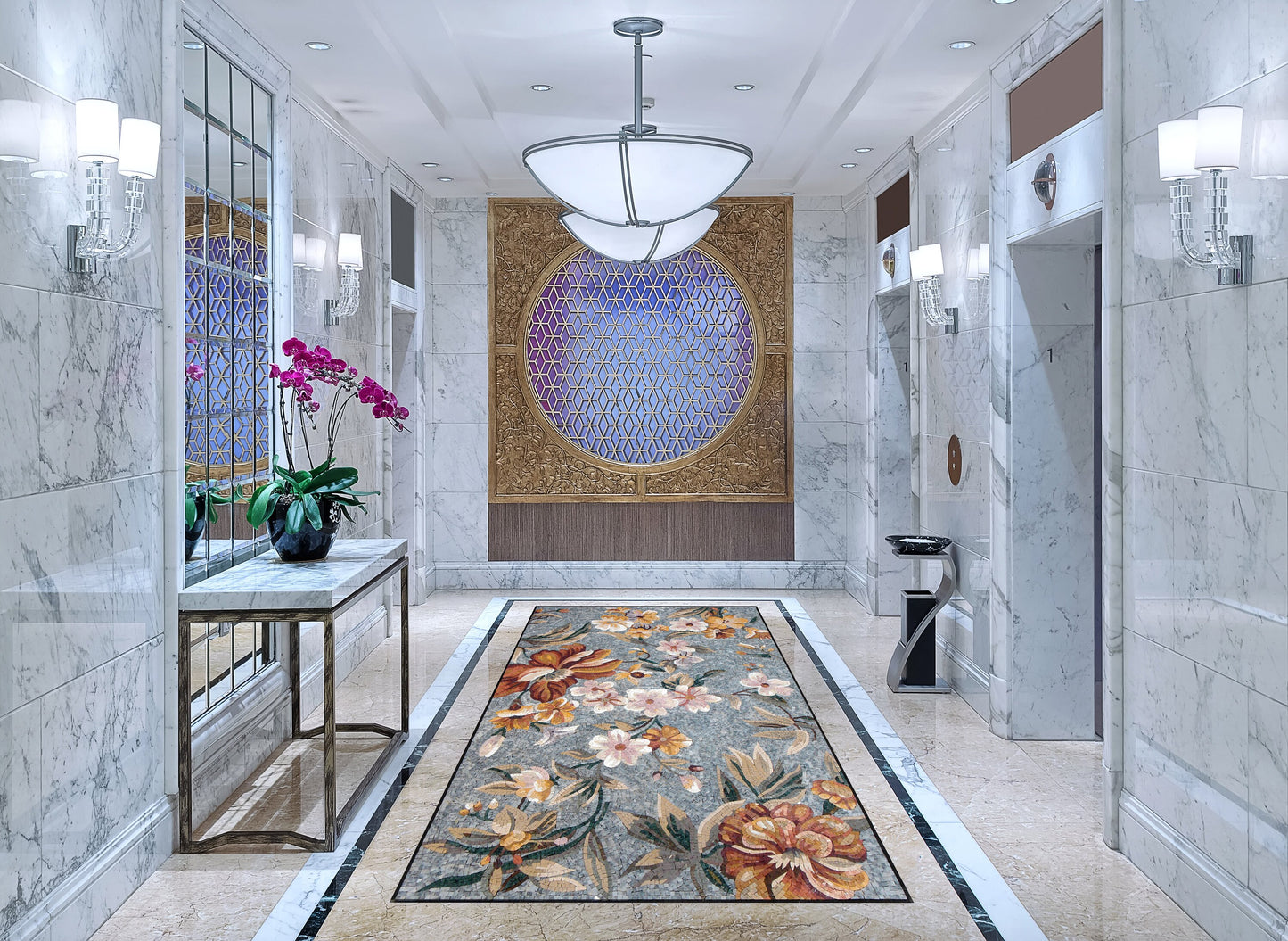 Floral Mosaic Rug: Handmade Natural Stone Art Carpet