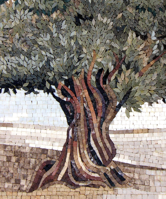 Handmade Olive Tree Mosaic Art: Marble Backsplash Tile (28” x 22.5")