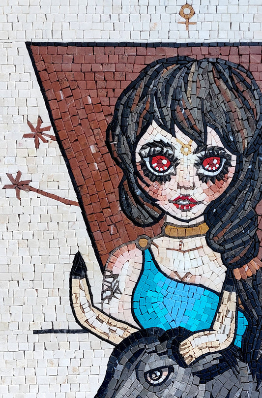 Handmade Taurus Zodiac Mosaic Tile: Red Eyes Girl Art (30x20)