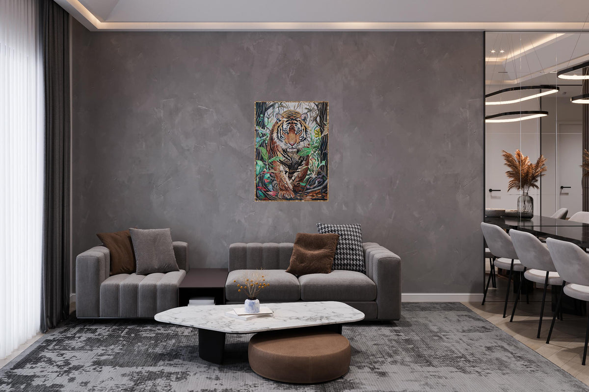 40"x28" Tiger in Leaves Mosaic Wall Art – Custom Handmade Marble Tile Artwork, Jungle Wildlife Decor, Customization Available