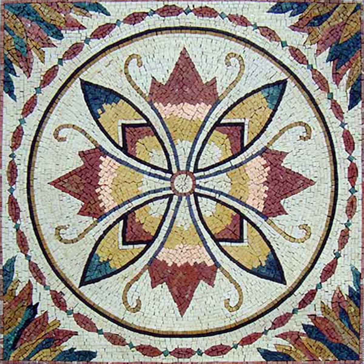 Floral Marble Mosaic Tile Medallion - 32" Square Geometric Mural