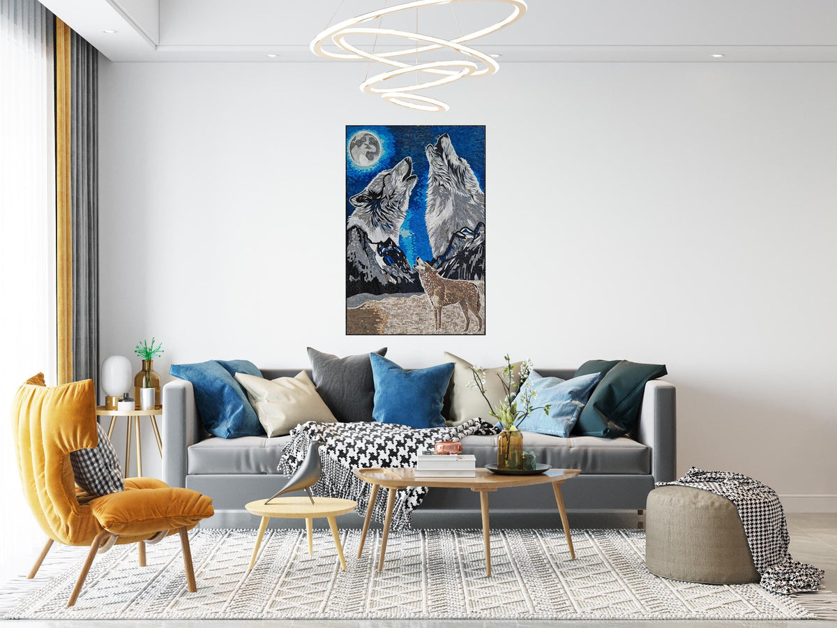 Handmade Marble Tile Mosaic: Wolf and Moon Night Sky Art (60x40)