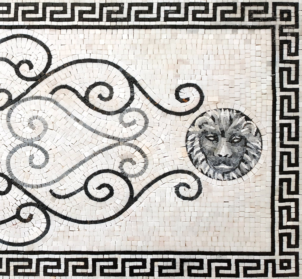 Handmade Marble Mosaic Rug: Black & White Floral Medallion (74” x 32")