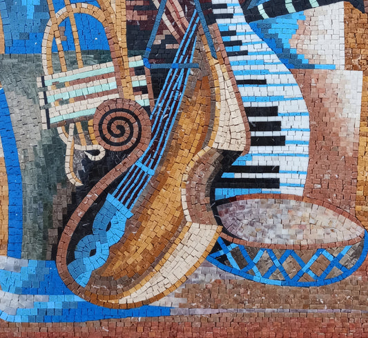 Handmade Music Instruments Mosaic Tile Backsplash: Marble Stone Wall Art (40” x 24")