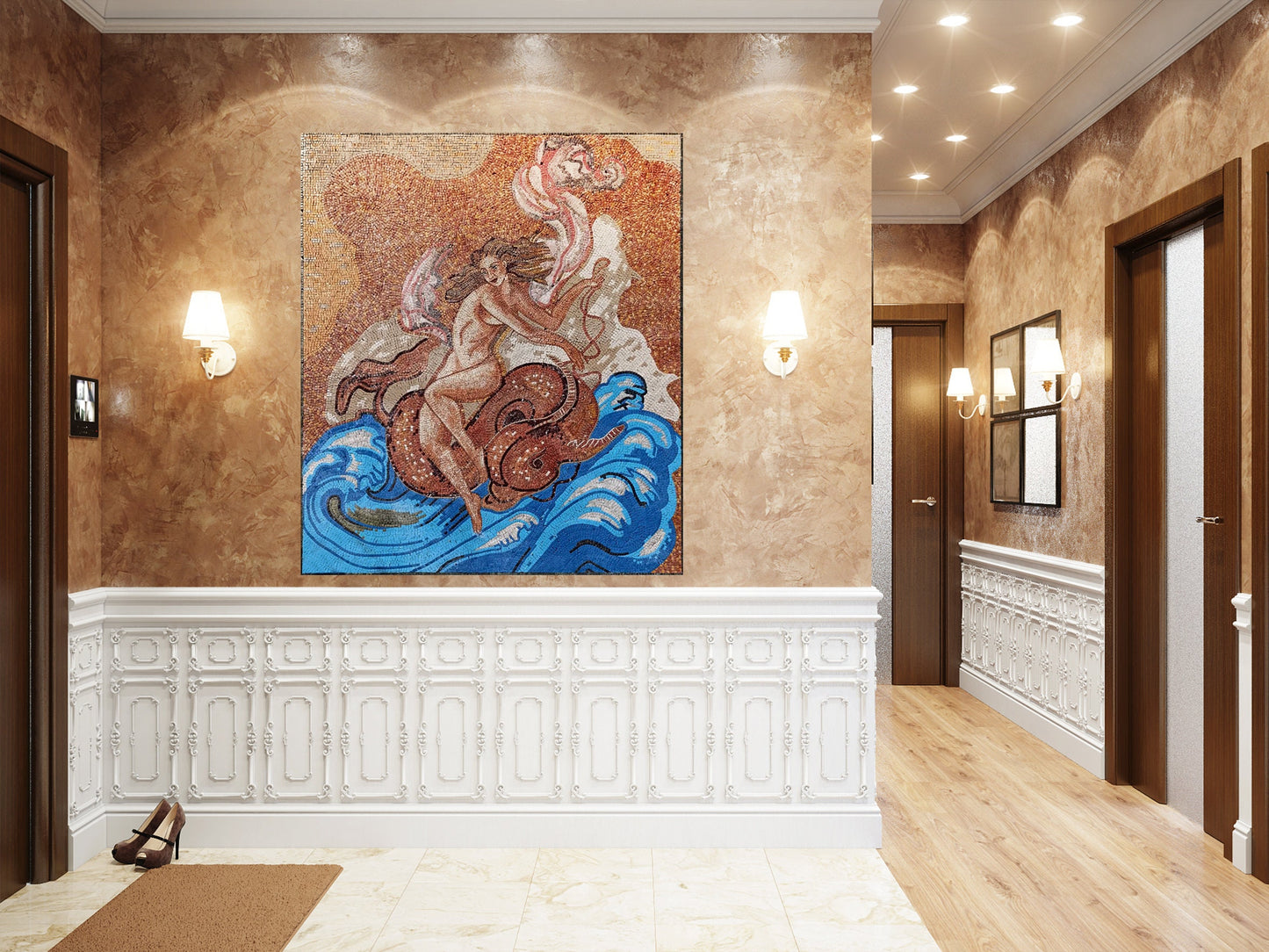 Handmade Nereid Mosaic Tile Art: Italian Marble Backsplash (68” x 60”)