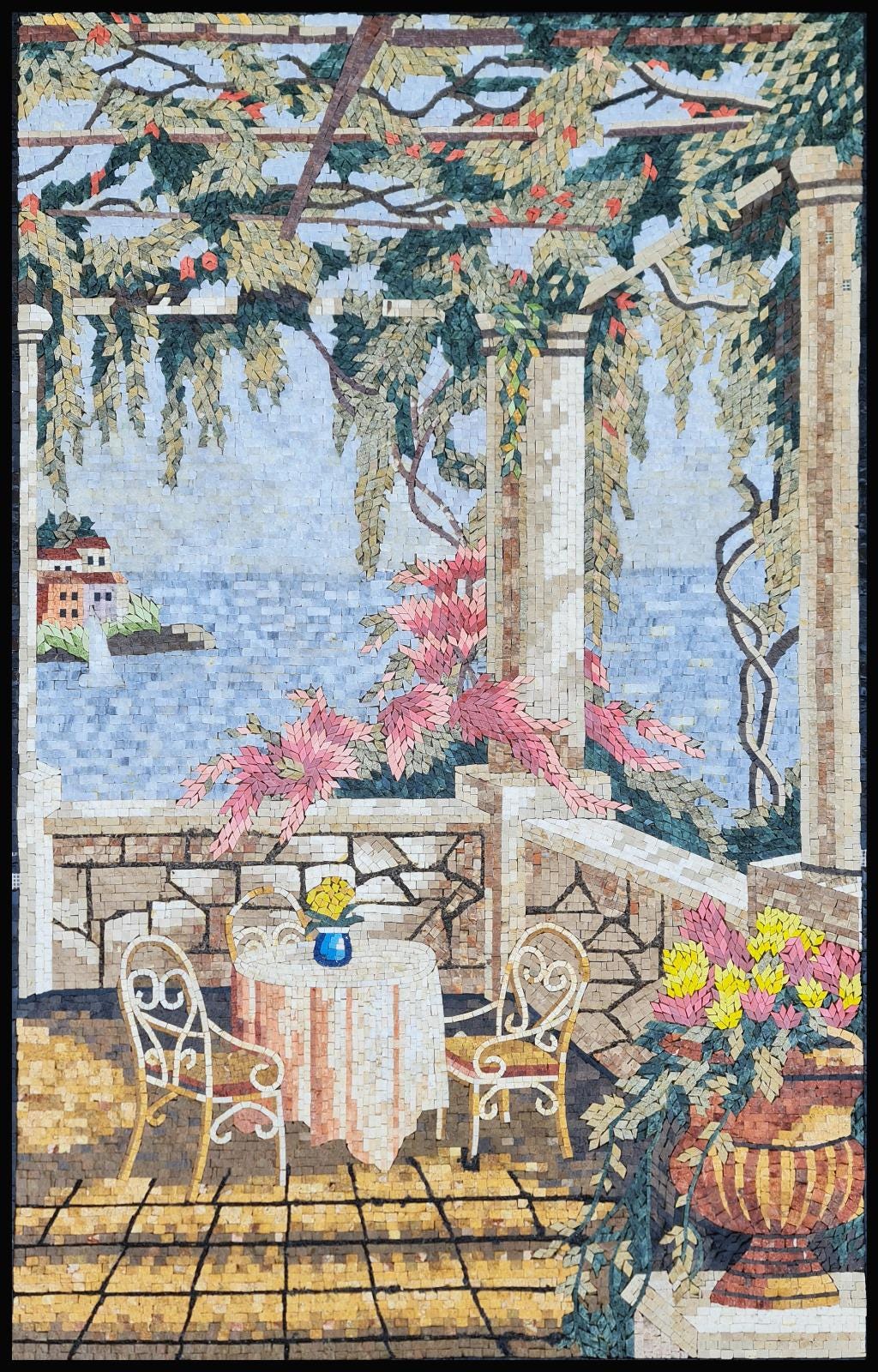 32″×50″ Terrace & Sea‑View Mosaic – Handmade Marble Wall Art, Mediterranean Landscape Accent, Customization available