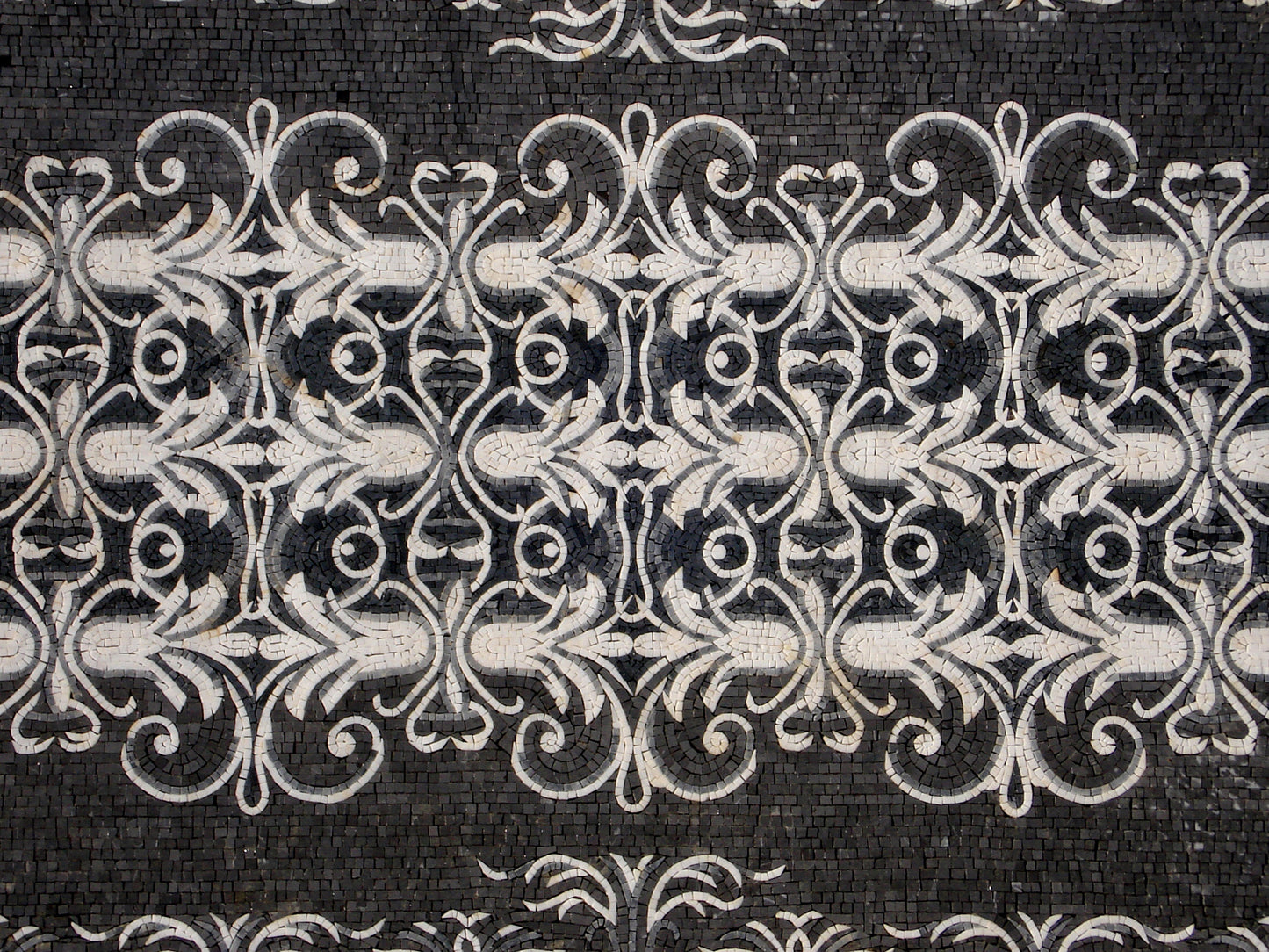 Handmade Marble Mosaic Rug: Black and White Floral Carpet (80” x 54")