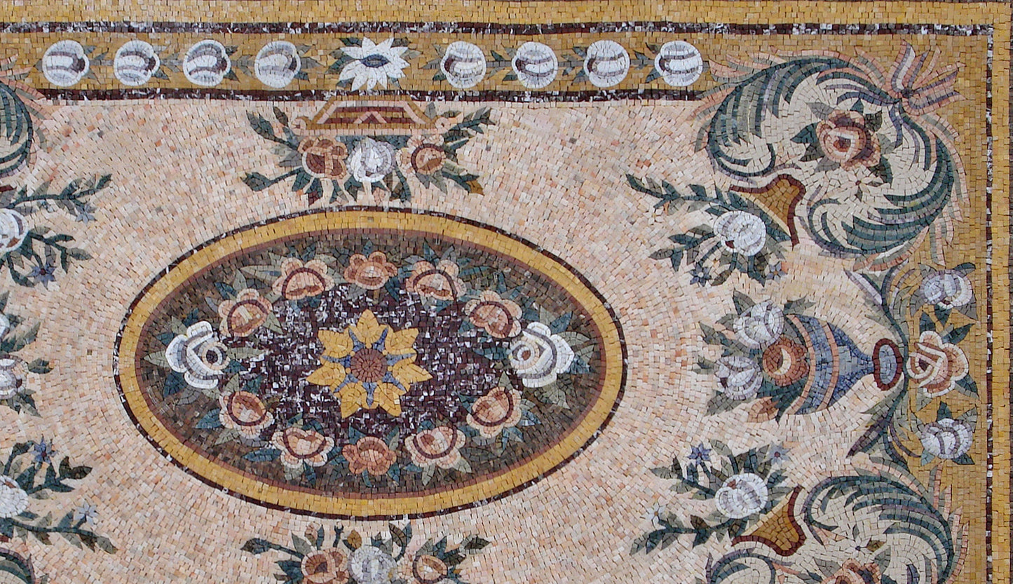 Handmade Marble Mosaic Rug: Floral Stone Medallion, Home Decor