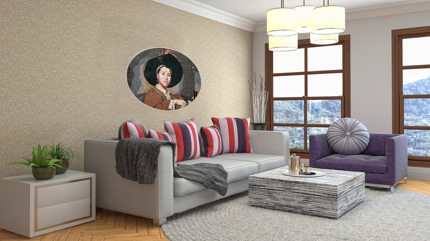 Boy with Cavalier Hat Mosaic Mural: Handmade Stone Tile Art