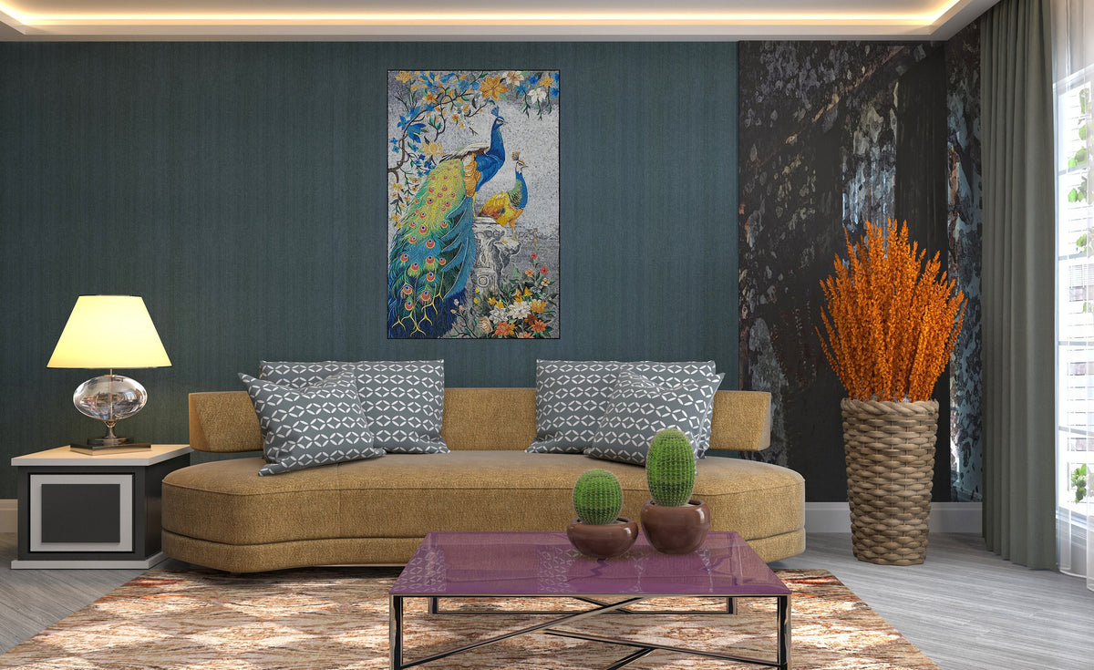 Handmade Peacock Mosaic Tile Art: Botanical Wall Decor (62” x 38")