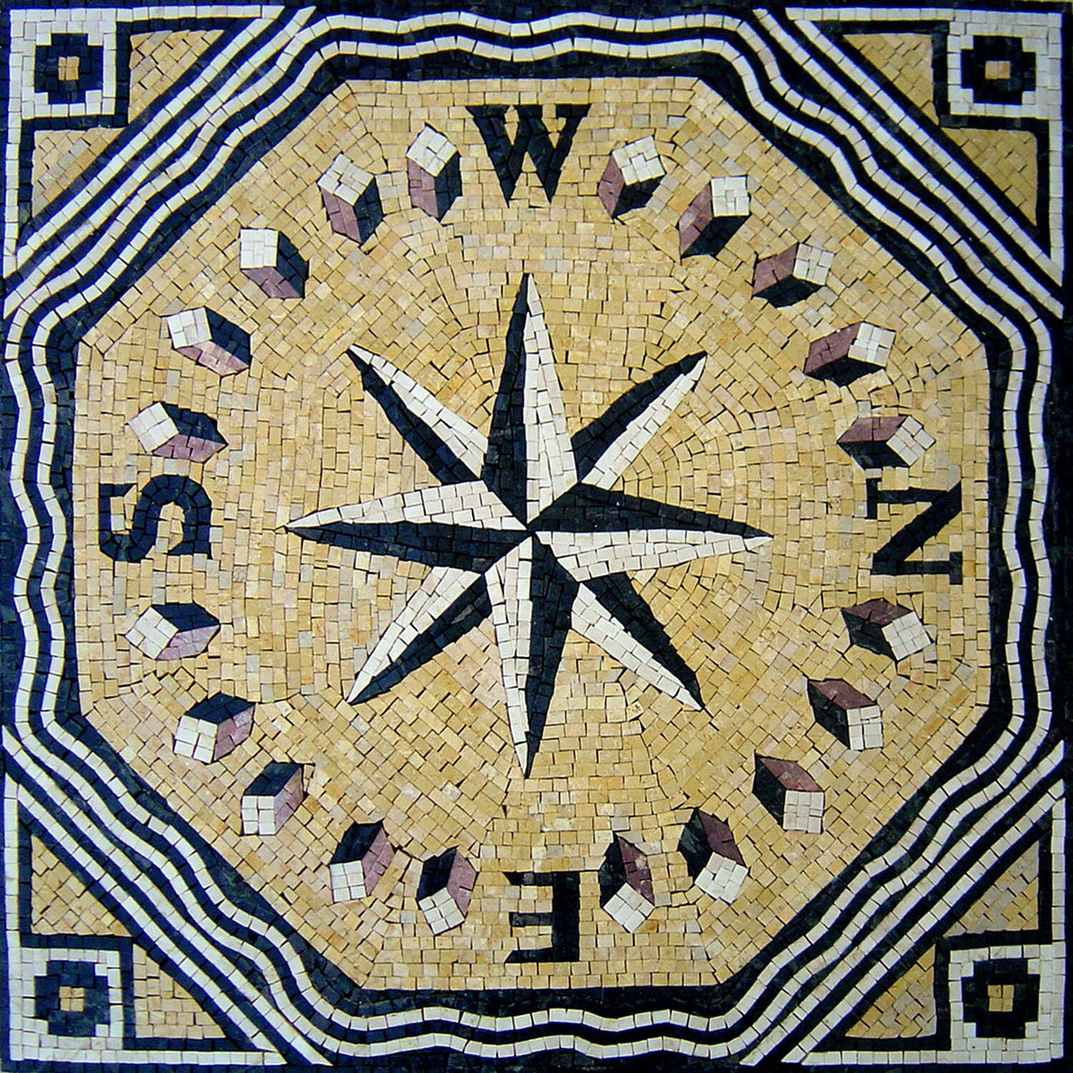 Compass Rose Mosaic Tile: Nautical Backsplash, Indoor/Outdoor Decor (32”)