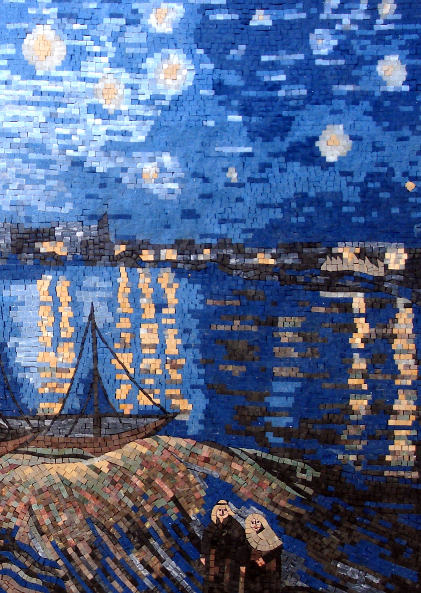 Handmade Ocean Mosaic Mural: Starry Night Harbor Boat Scene