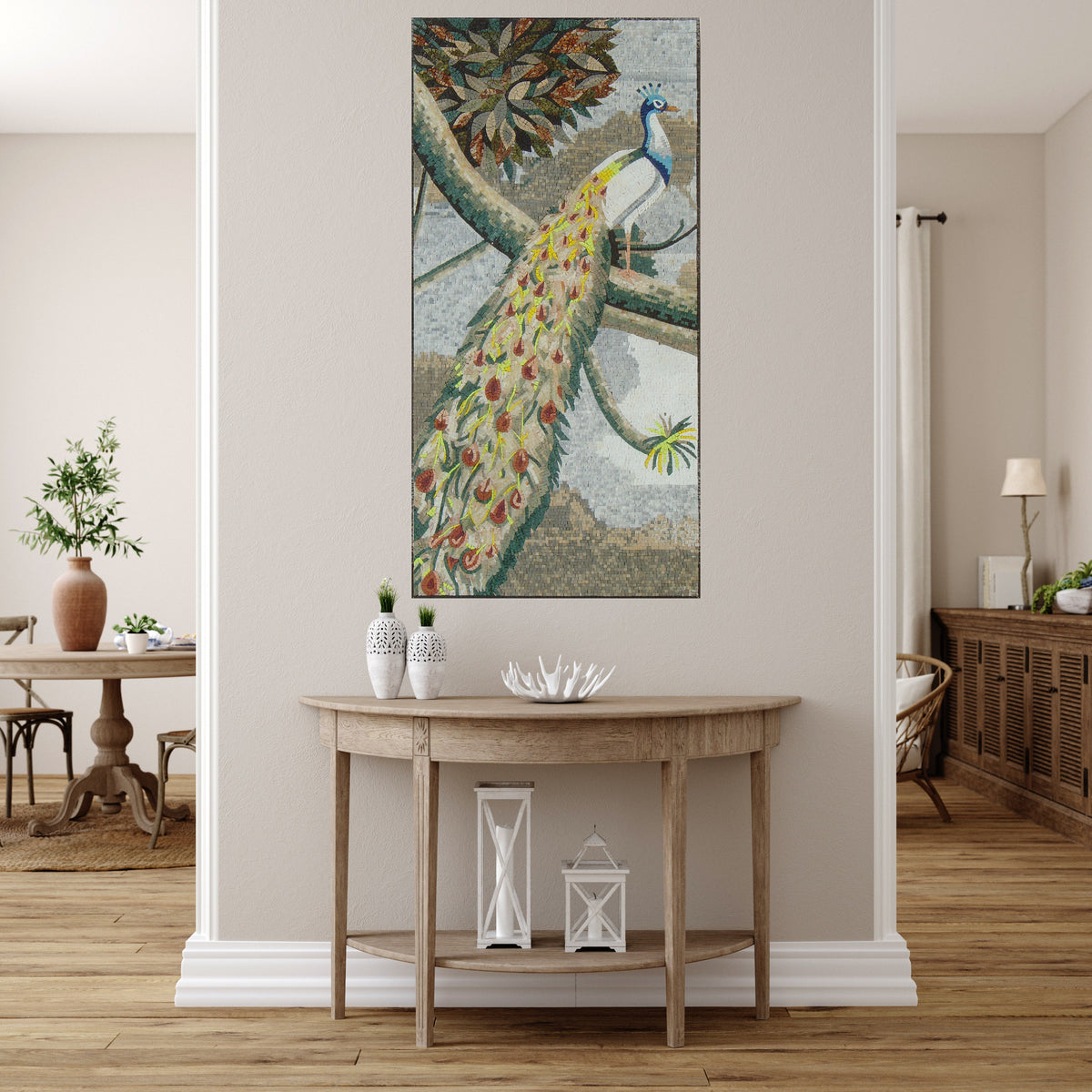Handmade Peacock Marble Mosaic Tile Art: Wall Decor (52" x 26")