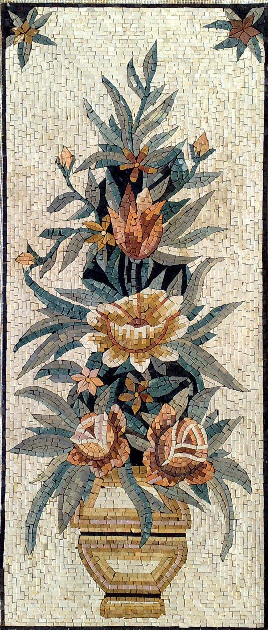 Handmade Floral Roses Mosaic Art Tile: 48" Vertical Marble Wall Decor