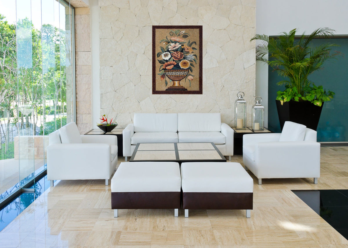 Handmade Marble Mosaic Flower Vase Wall Art: 60” x 40”