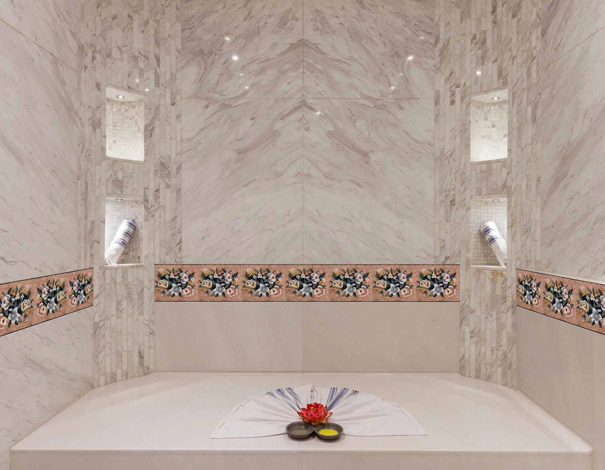 Floral Mosaic Tile: 20” Flower Border for Bathroom Wall