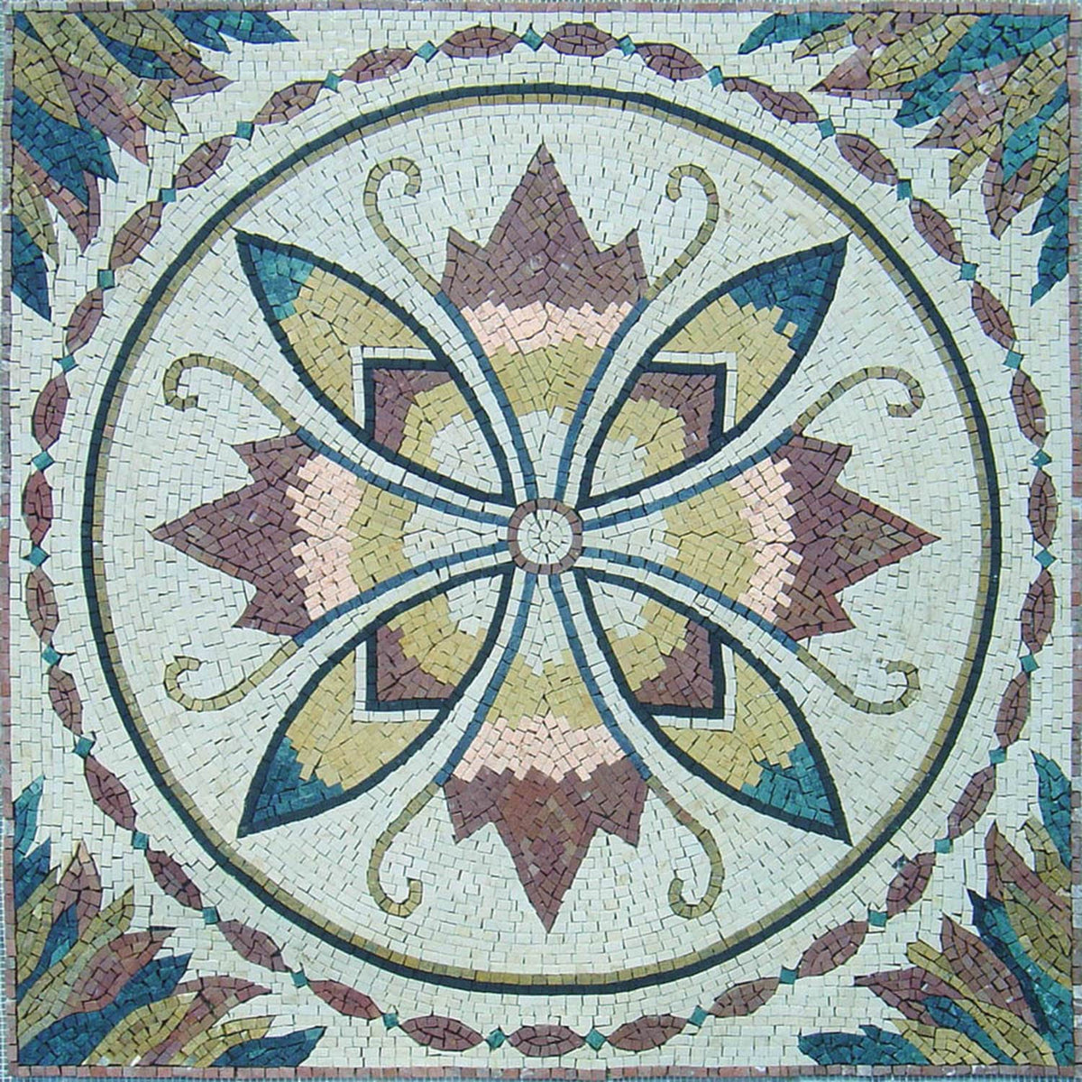 40" Marble Mosaic Medallion: Geometric Inlay Tile Artwork