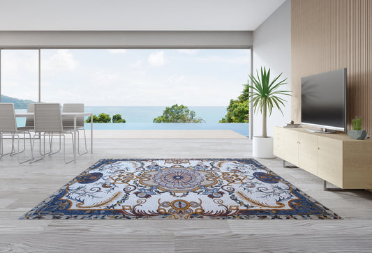 Blue & White Marble Stone Rug: Handmade Mosaic Carpet (250cm x 150cm)
