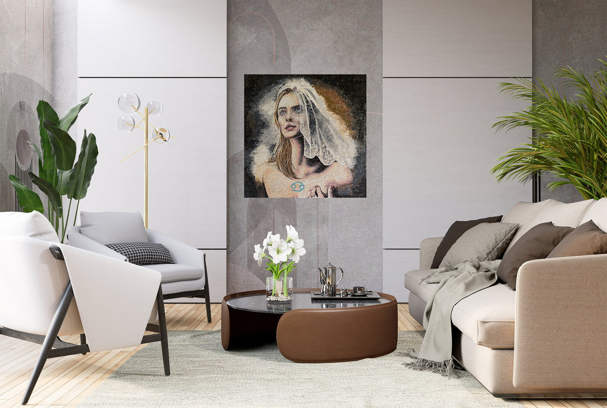 Handmade Cancer Zodiac Mosaic Tile Art: Bride Portrait (30"x30")