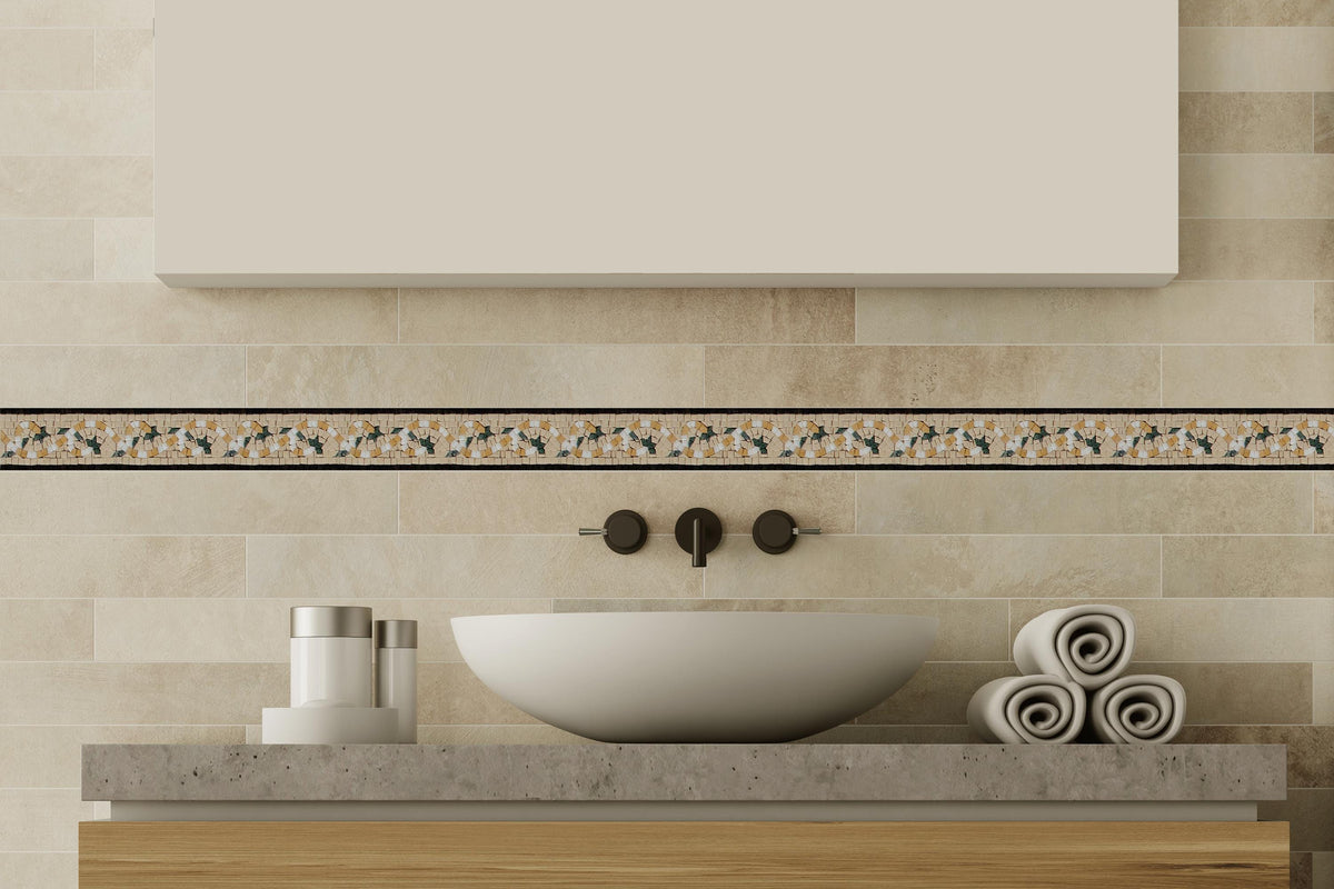 Gold & White Marble Mosaic Tile Border: Handmade Vine Design, Backsplash Accent