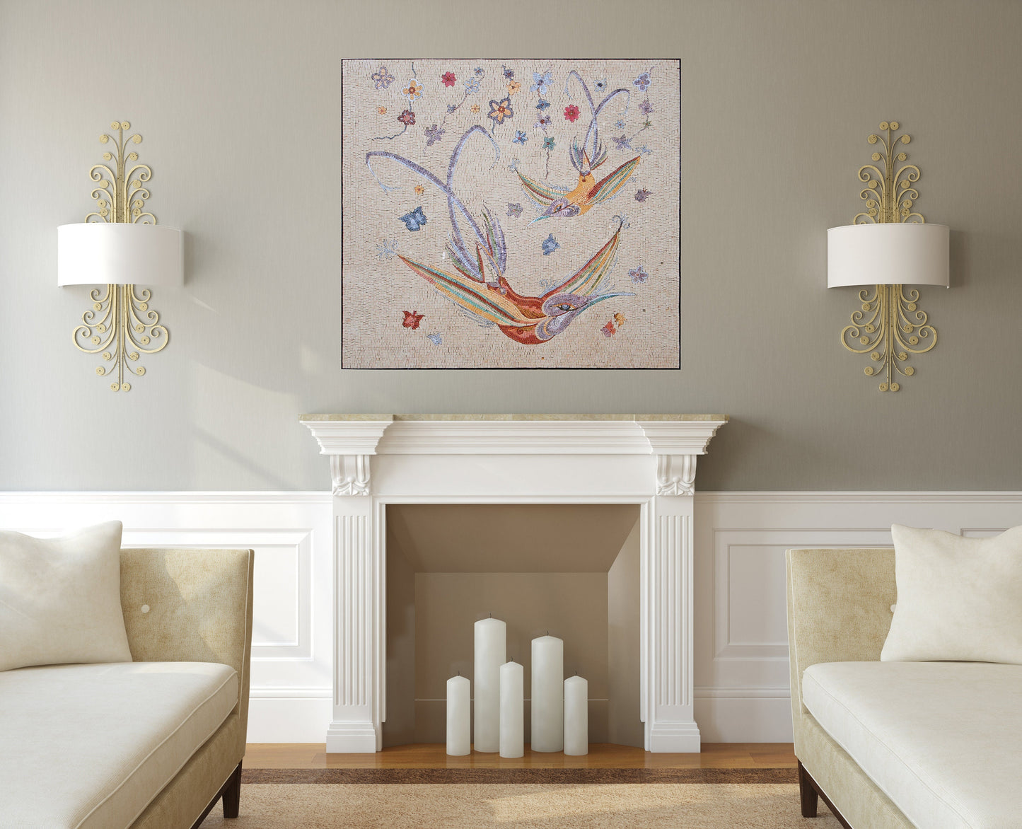 Hummingbird Mosaic Tile Art: Botanical Floral Wall Decor