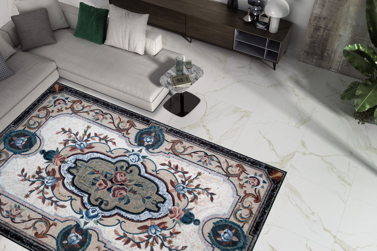 Handmade Marble Mosaic Rug: Floral Pattern, Home Decor