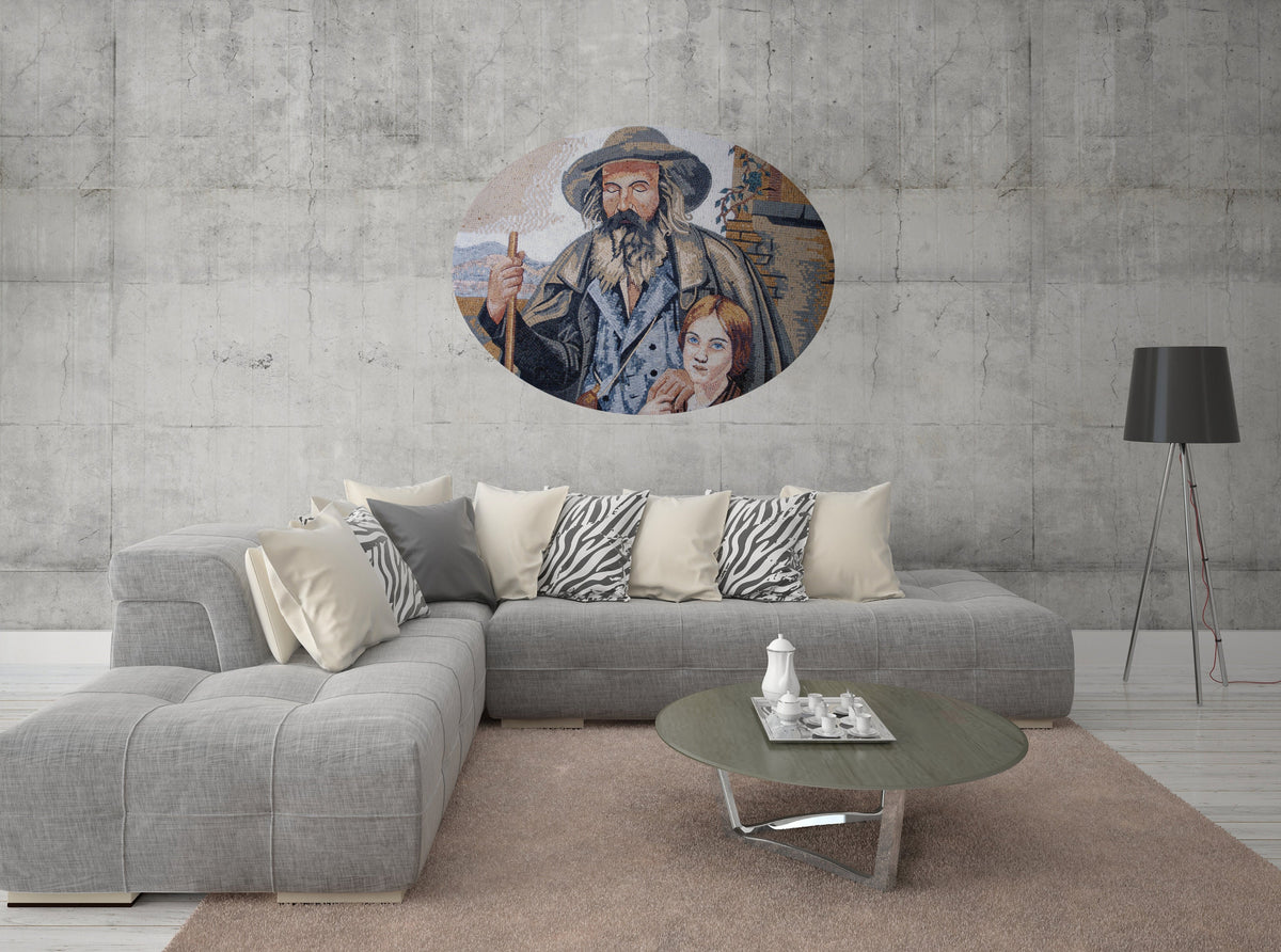 Handmade Marble Mosaic Tile: Blind Man Portrait, Interior & Outdoor Decor (52” x 32”)