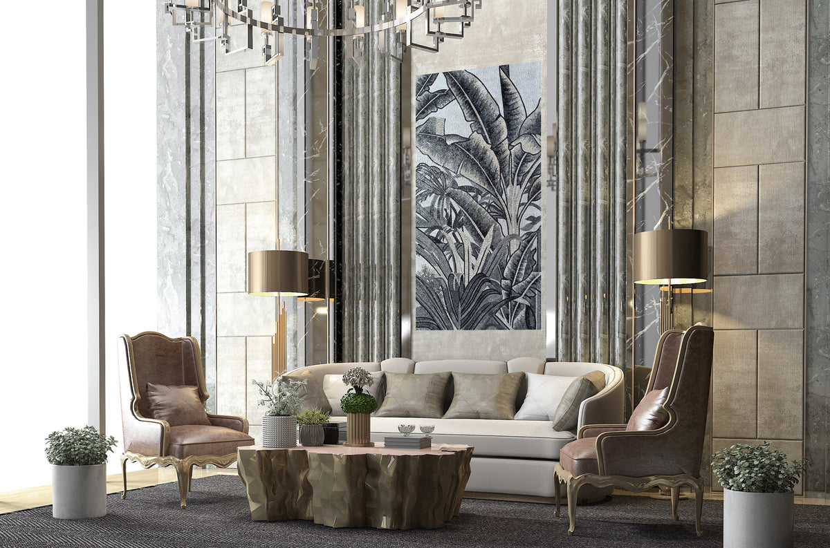 Handmade Marble Mosaic Backsplash: Tropical Palm & Banana Tree Wall Art