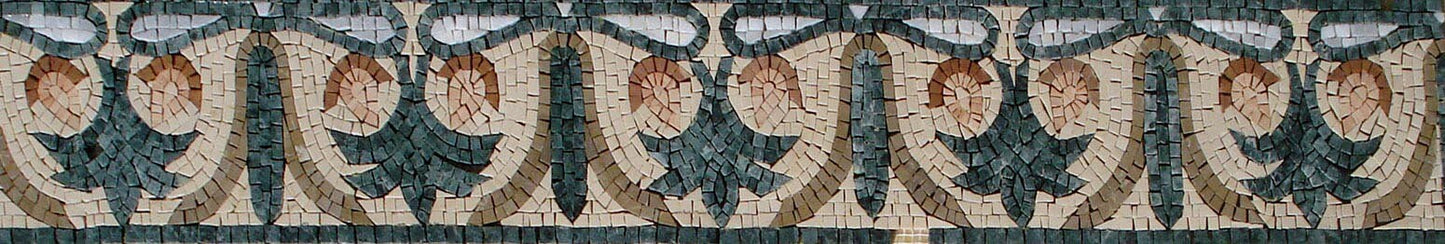 Botanical Art Mosaic Border Tiles: Geometric Marble Inlay (8"x40")