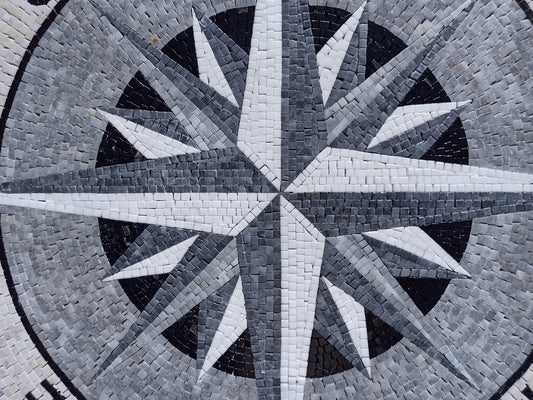 Nautical Compass Mosaic Tile Art: Handmade Marble Medallion (32" Diameter)
