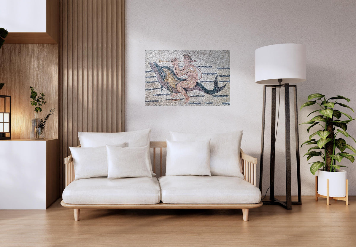 48x32 Man Riding Dolphin Mosaic Wall Art – Mythological Ocean Scene, Nautical Home Decor, Customization available