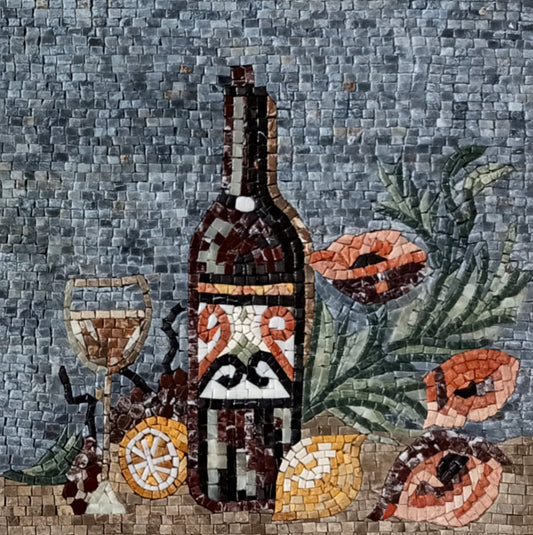 Handmade Marble Mosaic Kitchen Backsplash: Lemon, Wine & Floral Still Life