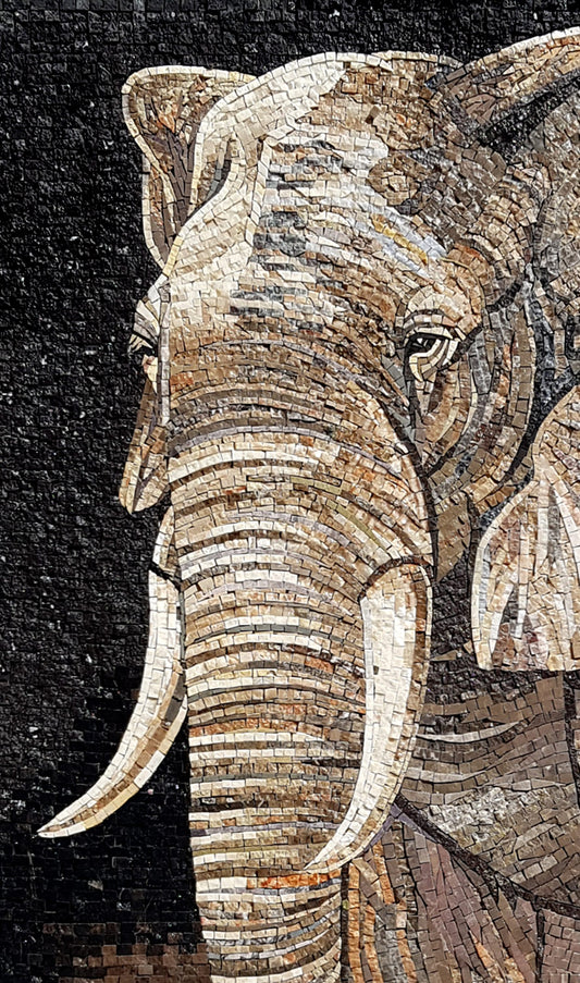 Handmade Elephant and Baby Marble Mosaic Tile Art (40x24 in)