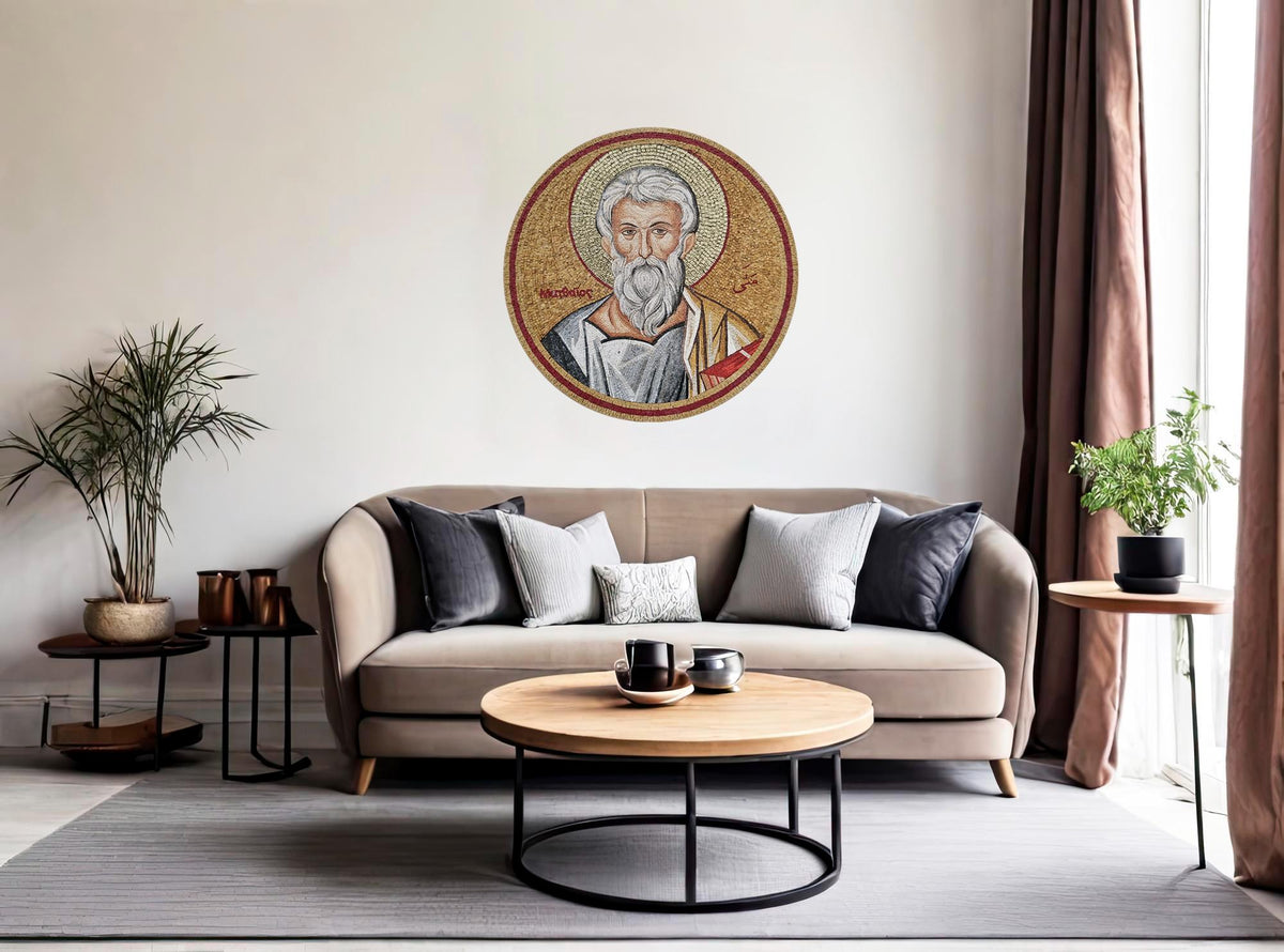 Handmade Marble Mosaic Wall Art: Old Man Portrait, Rustic Home Decor (24" Diameter)