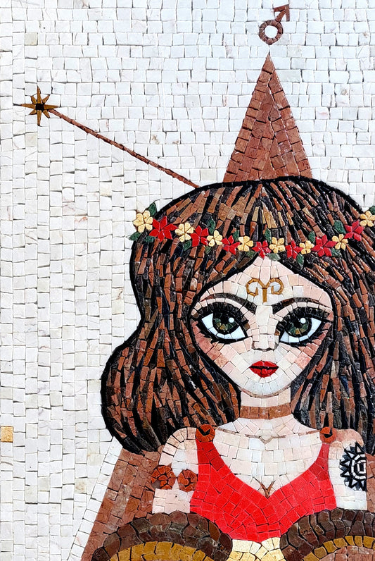 Aries Zodiac Mosaic Tile Art: Handmade Marble Wall Decor