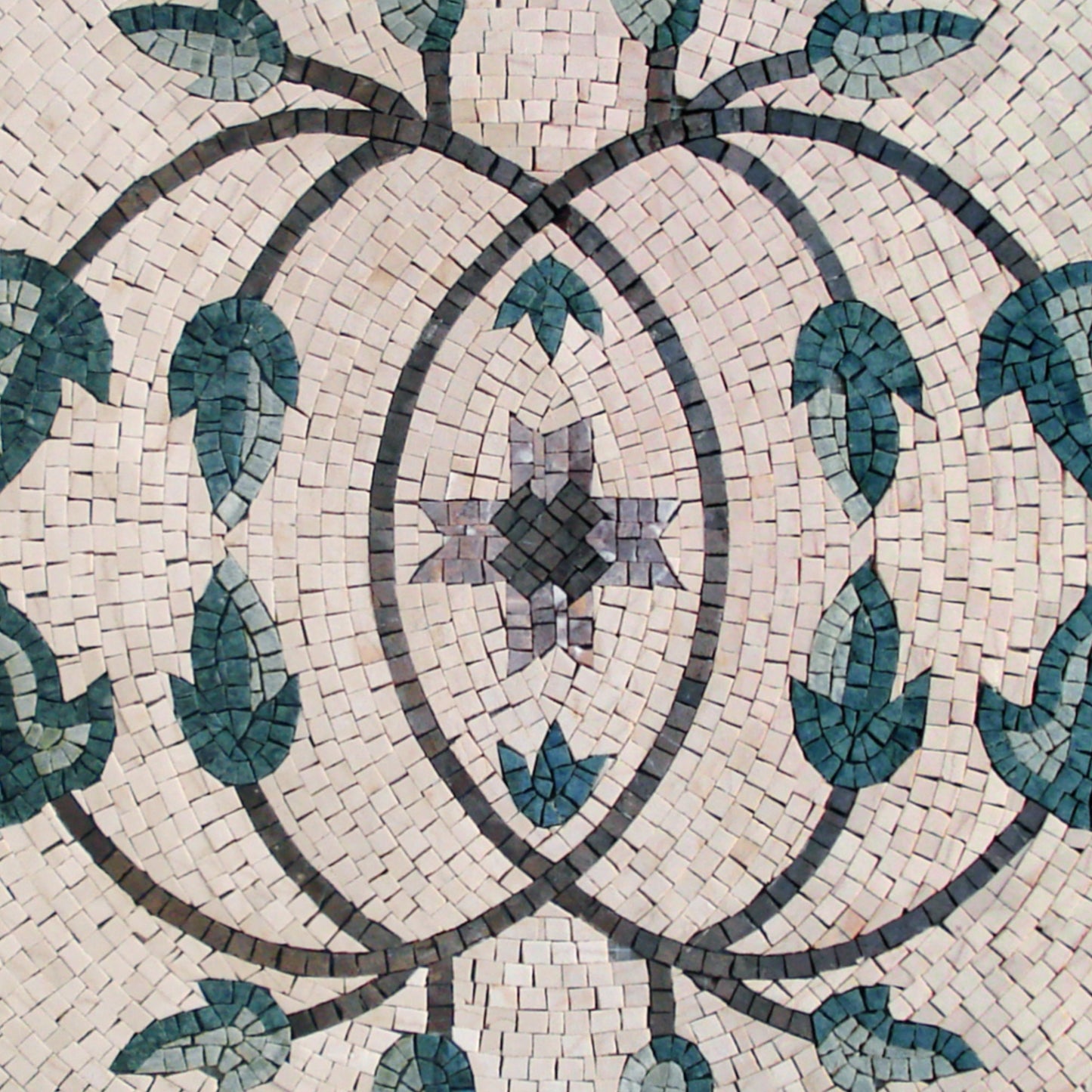 32” Handmade Marble Mosaic Tile: Geometric Botanical Medallion