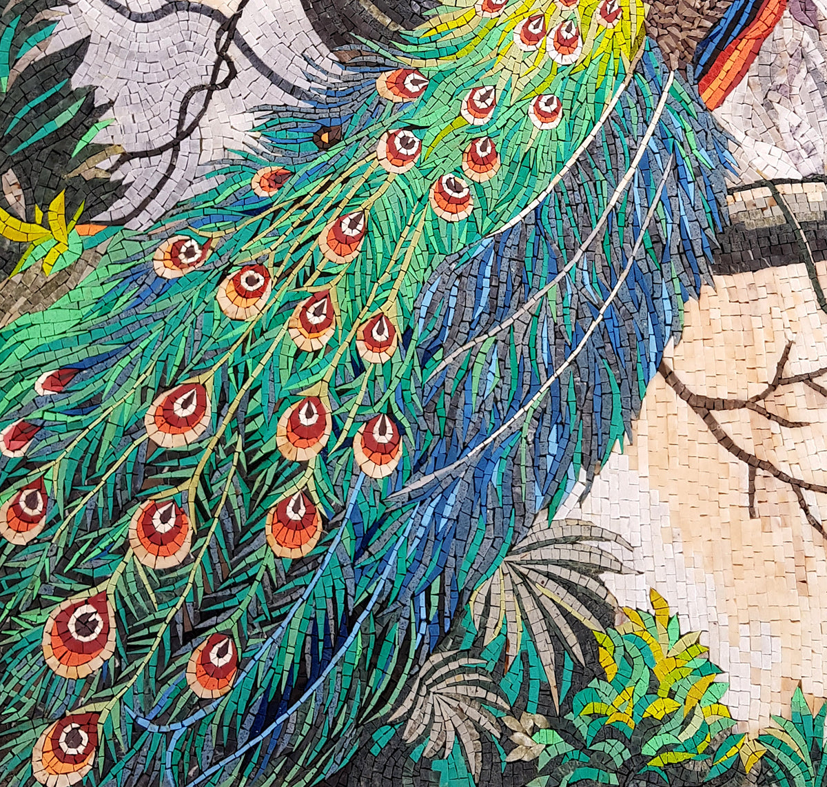 Handmade Peacock Mosaic Tile Art: Colorful Animal Backsplash (60” x 40")