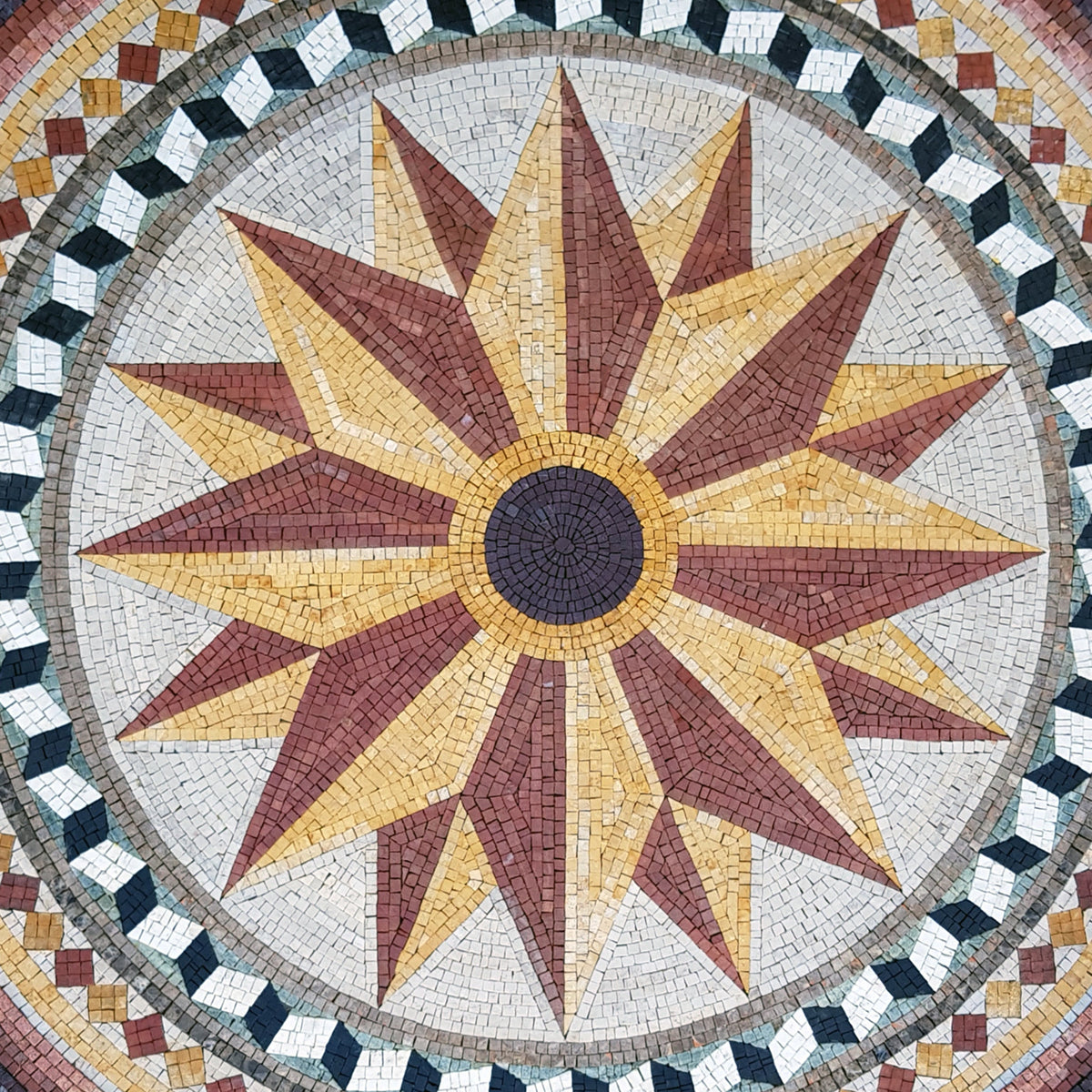 Nautical Compass Rose Mosaic Tile Art: Handmade Marble Medallion (32" Diameter)