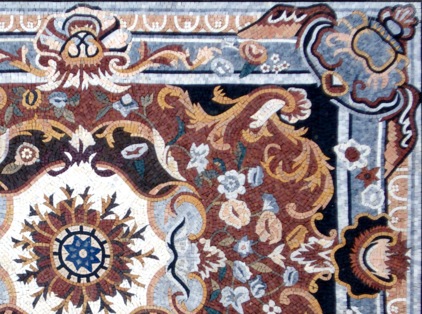 Handmade Marble Stone Mosaic Rug: Floral Medallion Design
