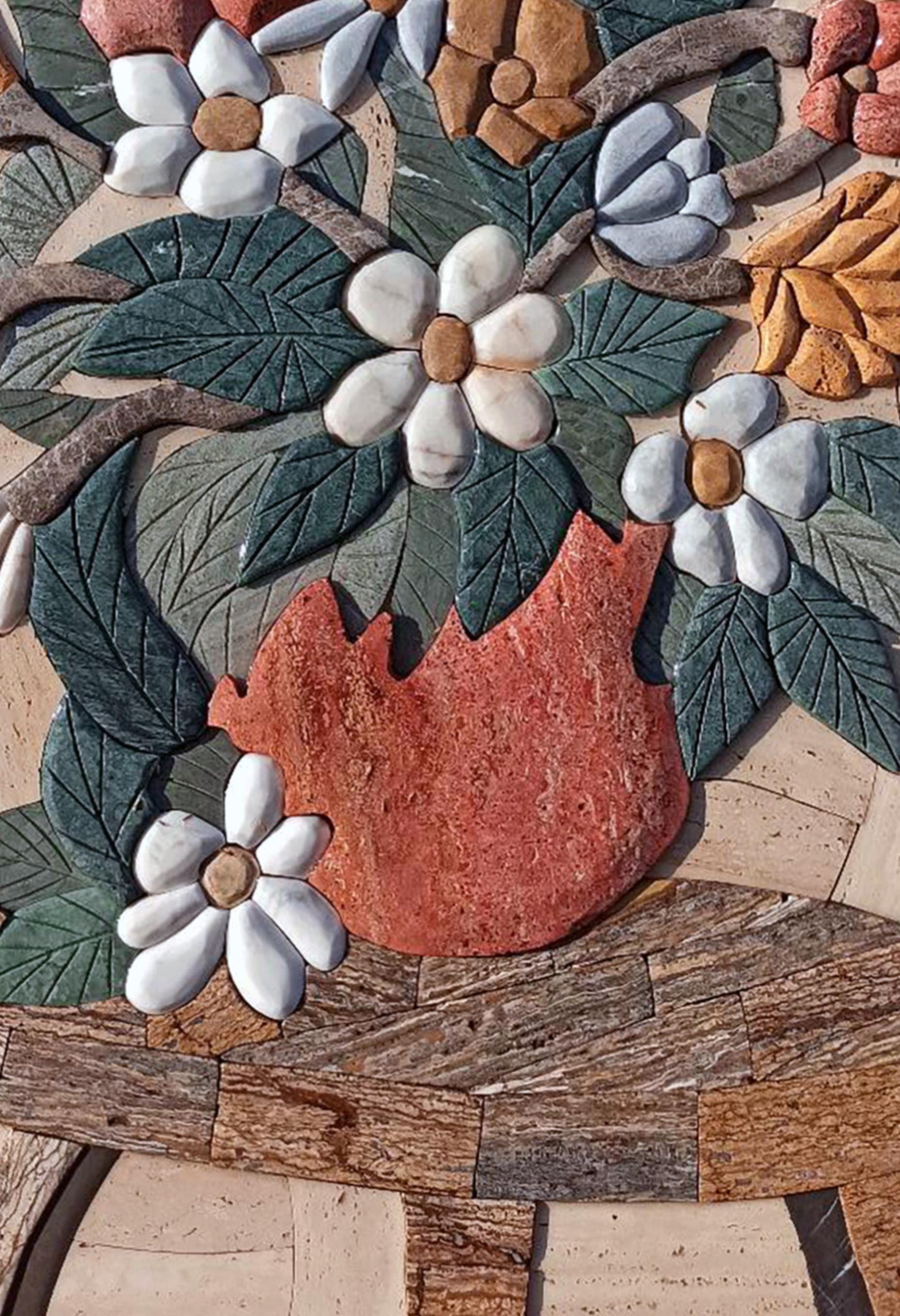 Embossed Red Vase Mosaic Wall Art: Handmade Marble Tile Floral Design (16x24")